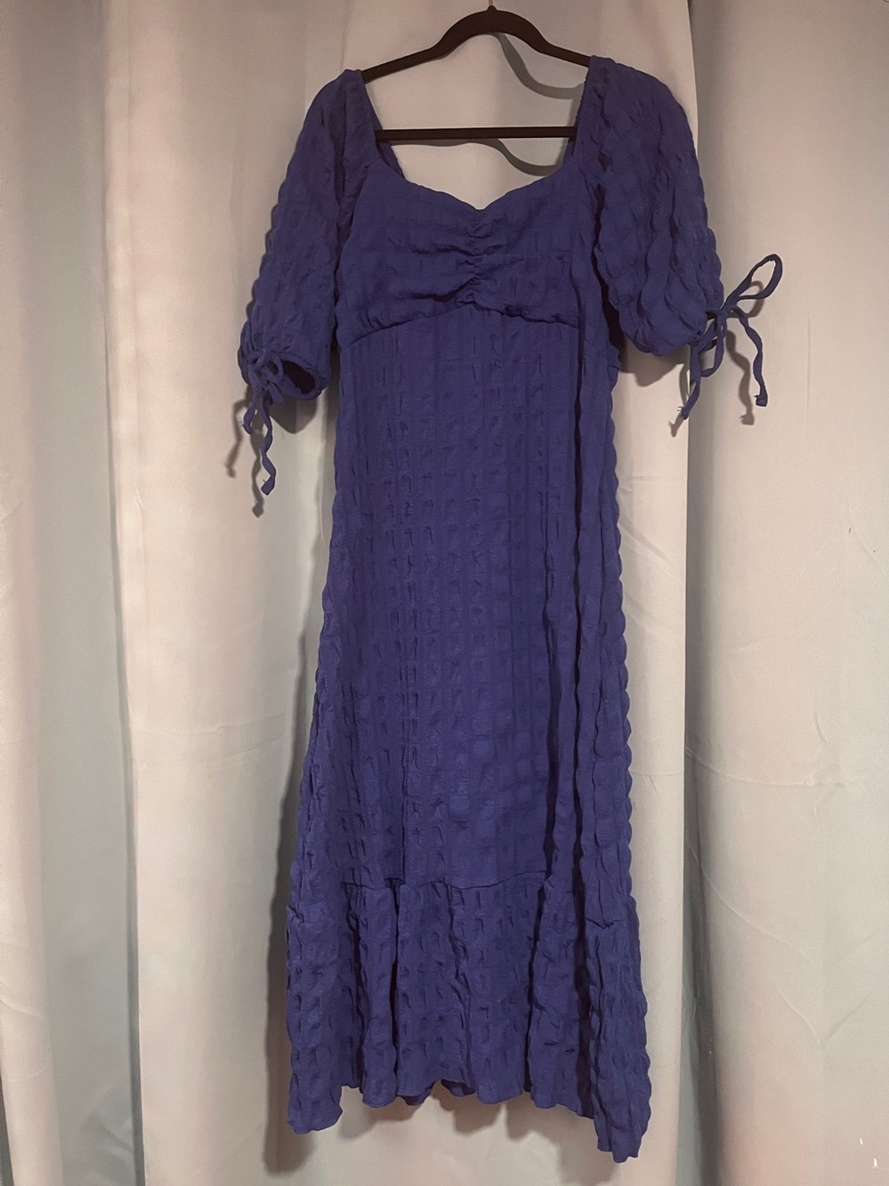 Royal Blue Puff-Sleeve Smocked Midi Dress - textured jacquard fabric -M/L